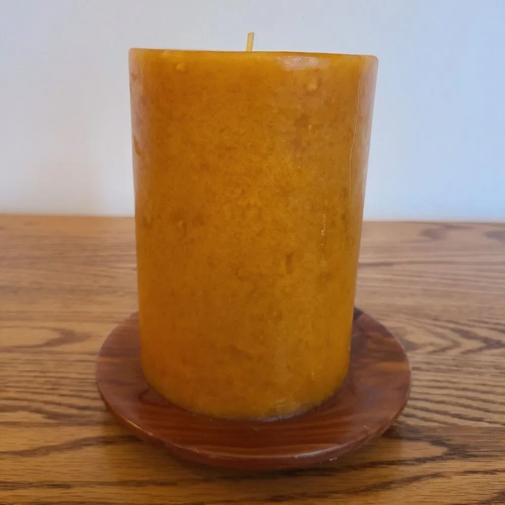 Vintage One Wick Pillar Candle With Red Cedar Wood Under-Plate Gold Amber Orange